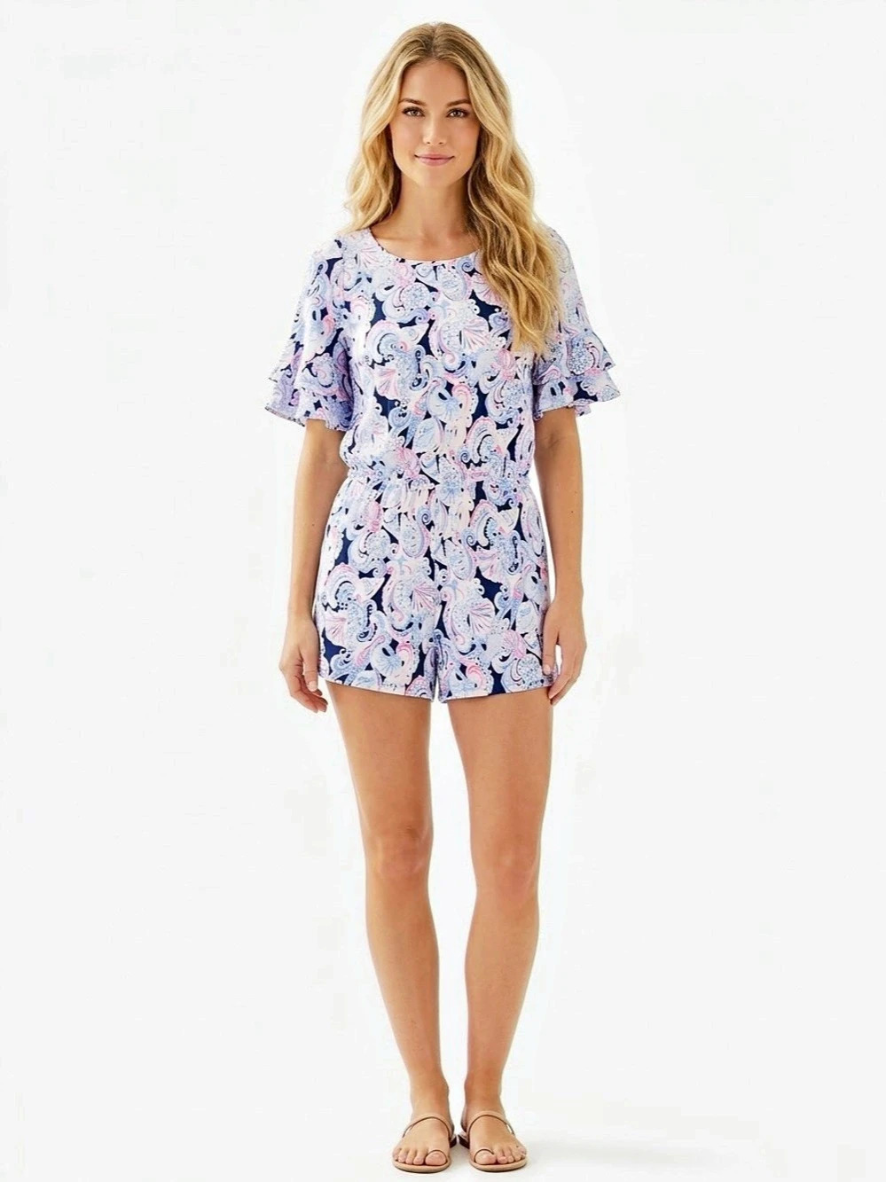 Lilly Pulitzer Lula Romper M High Tide Navy Its For Shore Shell Ruffle Sleeve